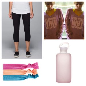 A few of my favorite workout things: 1> Lululemon Wunder Under crops 2> IAMMAI sweatshirt, inspiration quotes are readable in the mirror 3> Twistband headbands, the best 4> BKR water bottle. Just enough water comes out with each chug